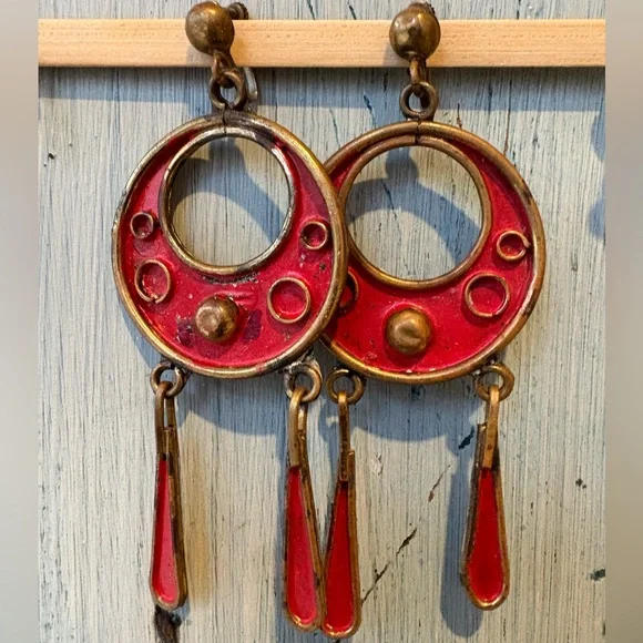 Vintage Mexico, early 1950’s, Red & Gold Dangle Earrings - Picture 2 of 13